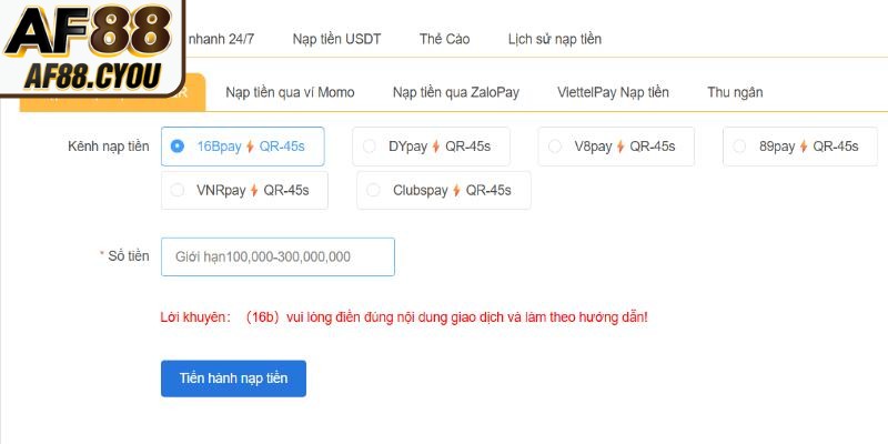 Nạp tiền AF88 là một bước quan trọng mà người chơi thường xuyên thực hiện